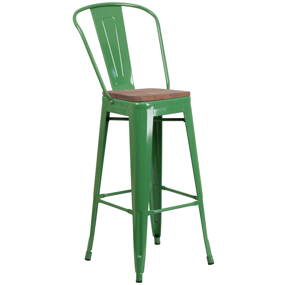 30″ High Green Metal Barstool with Back and Wood Seat
