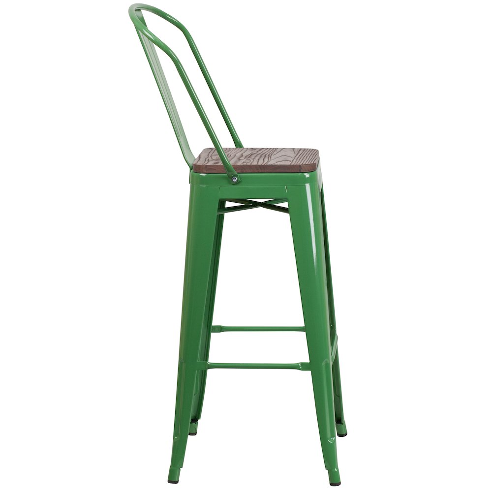 30″ High Green Metal Barstool with Back and Wood Seat