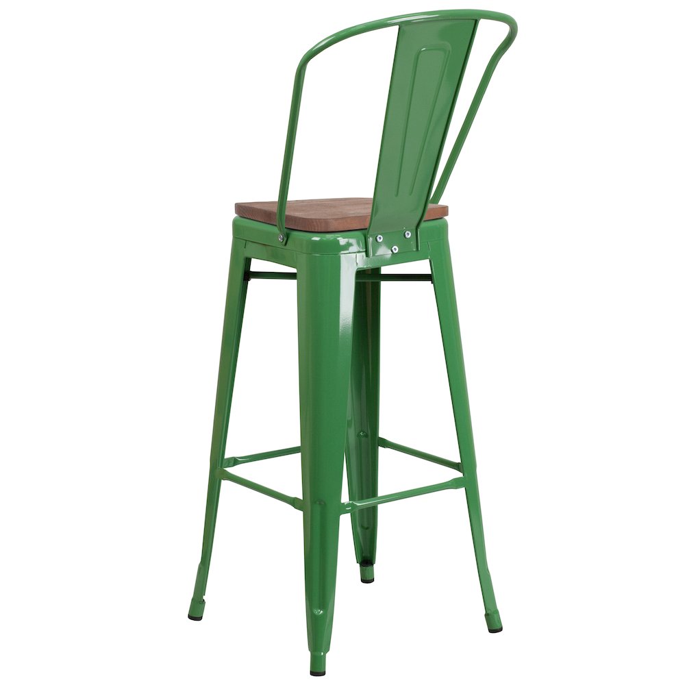 30″ High Green Metal Barstool with Back and Wood Seat