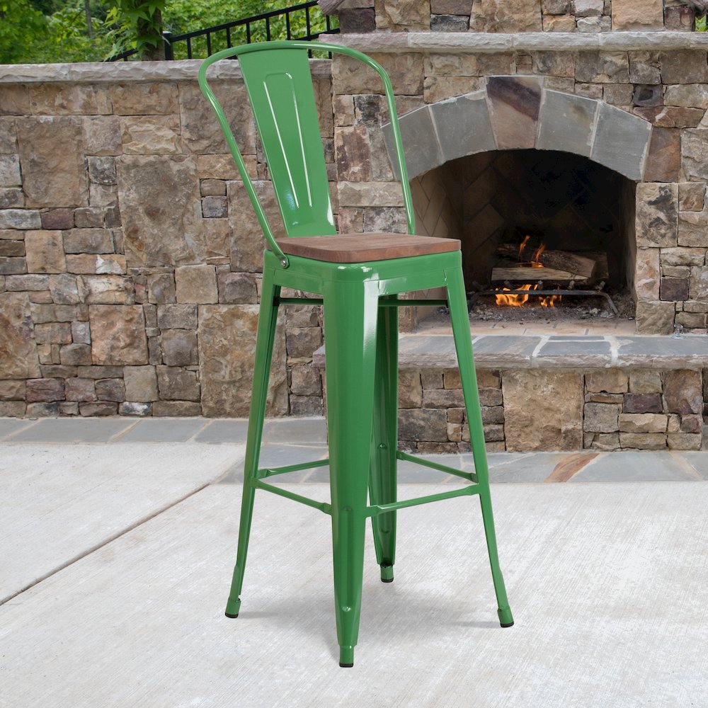 30″ High Green Metal Barstool with Back and Wood Seat