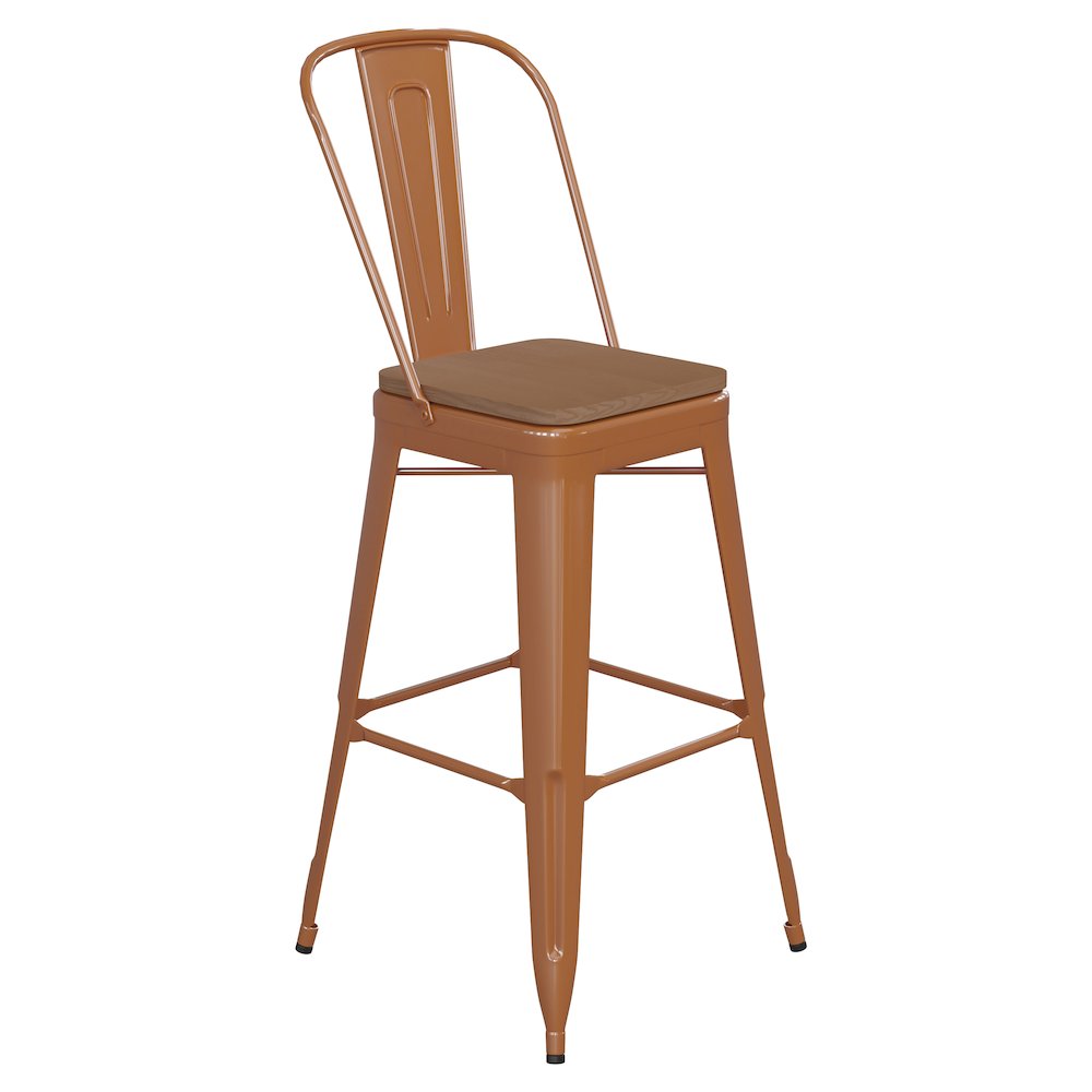 30″ High Orange Metal Bar Height Stool with Teak All-Weather Poly Resin Seat