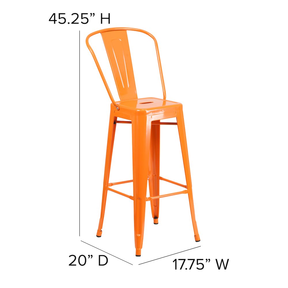 30″ High Orange Metal Bar Height Stool with Teak All-Weather Poly Resin Seat