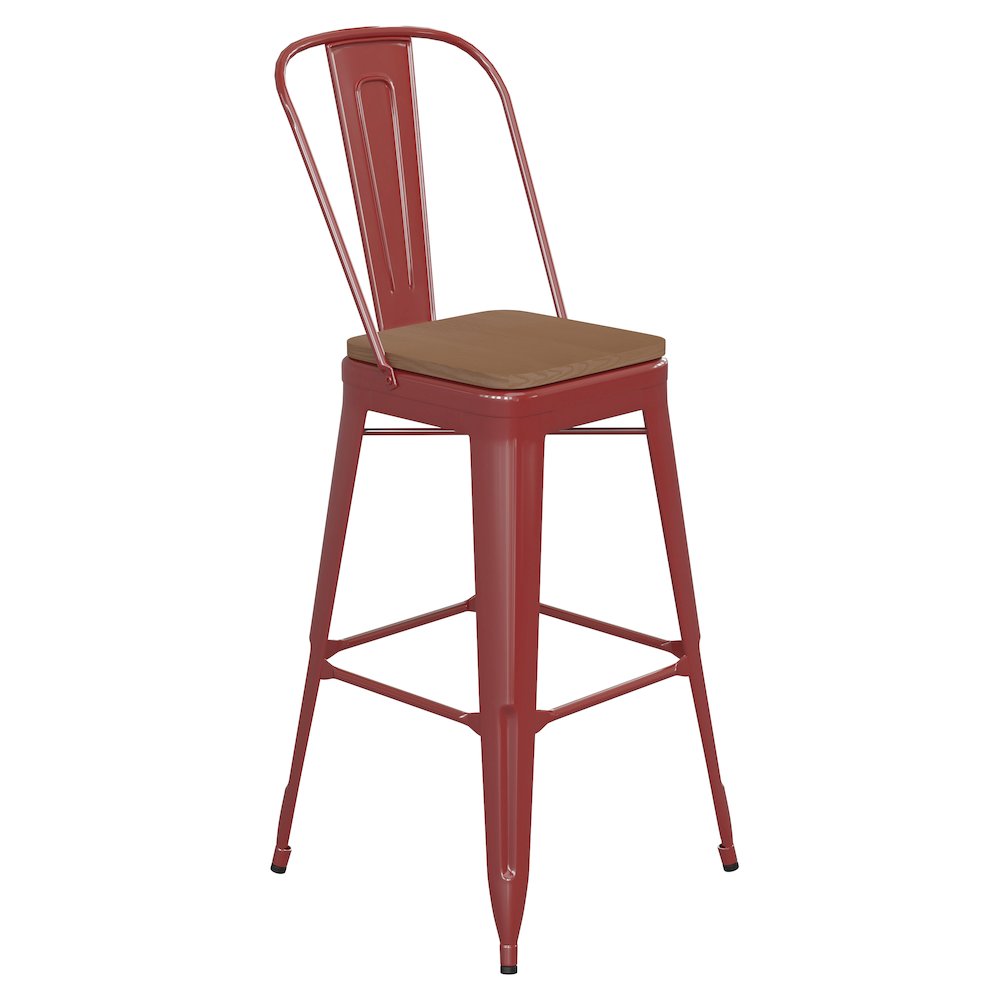 30″ High Red Metal Bar Height Stool with Teak All-Weather Poly Resin Seat