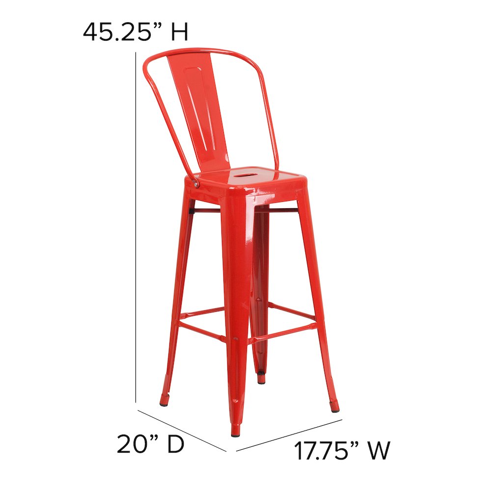 30″ High Red Metal Bar Height Stool with Teak All-Weather Poly Resin Seat