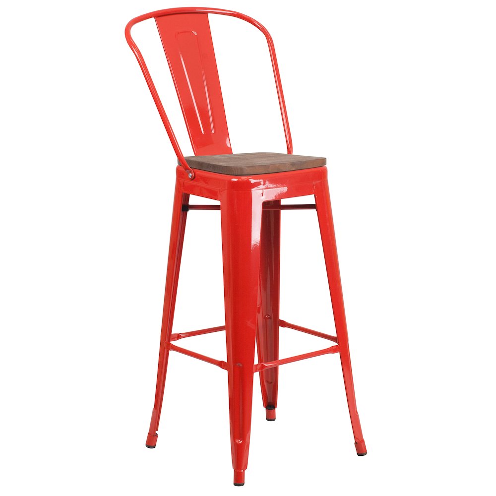 30″ High Red Metal Barstool with Back and Wood Seat