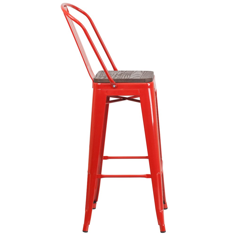 30″ High Red Metal Barstool with Back and Wood Seat