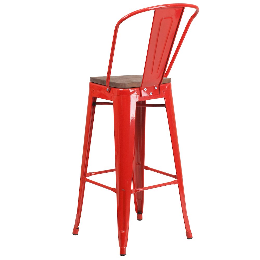 30″ High Red Metal Barstool with Back and Wood Seat