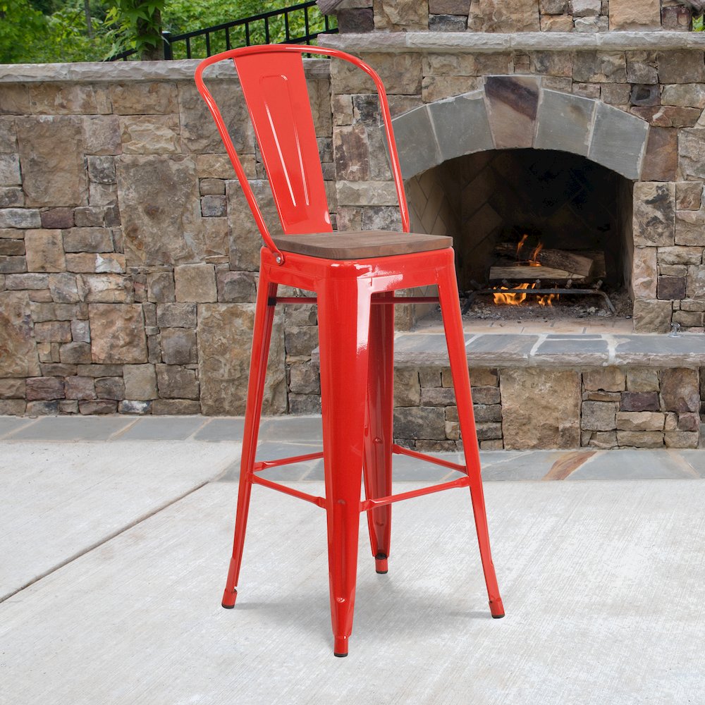 30″ High Red Metal Barstool with Back and Wood Seat
