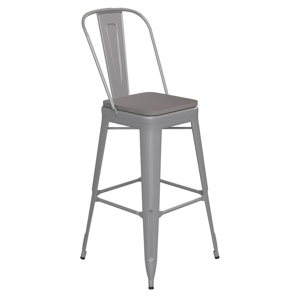30″ High Silver Metal Bar Height Stool with Gray All-Weather Poly Resin Seat