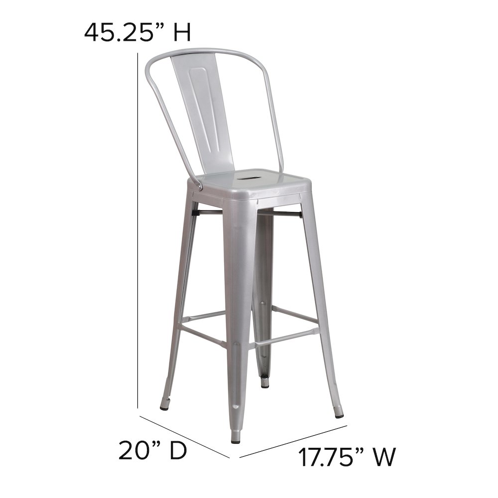 30″ High Silver Metal Bar Height Stool with Gray All-Weather Poly Resin Seat