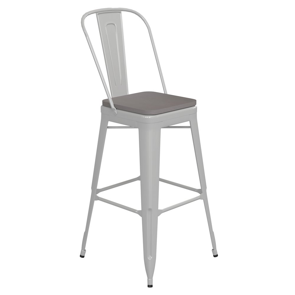 30″ High White Metal Bar Height Stool with Gray All-Weather Poly Resin Seat