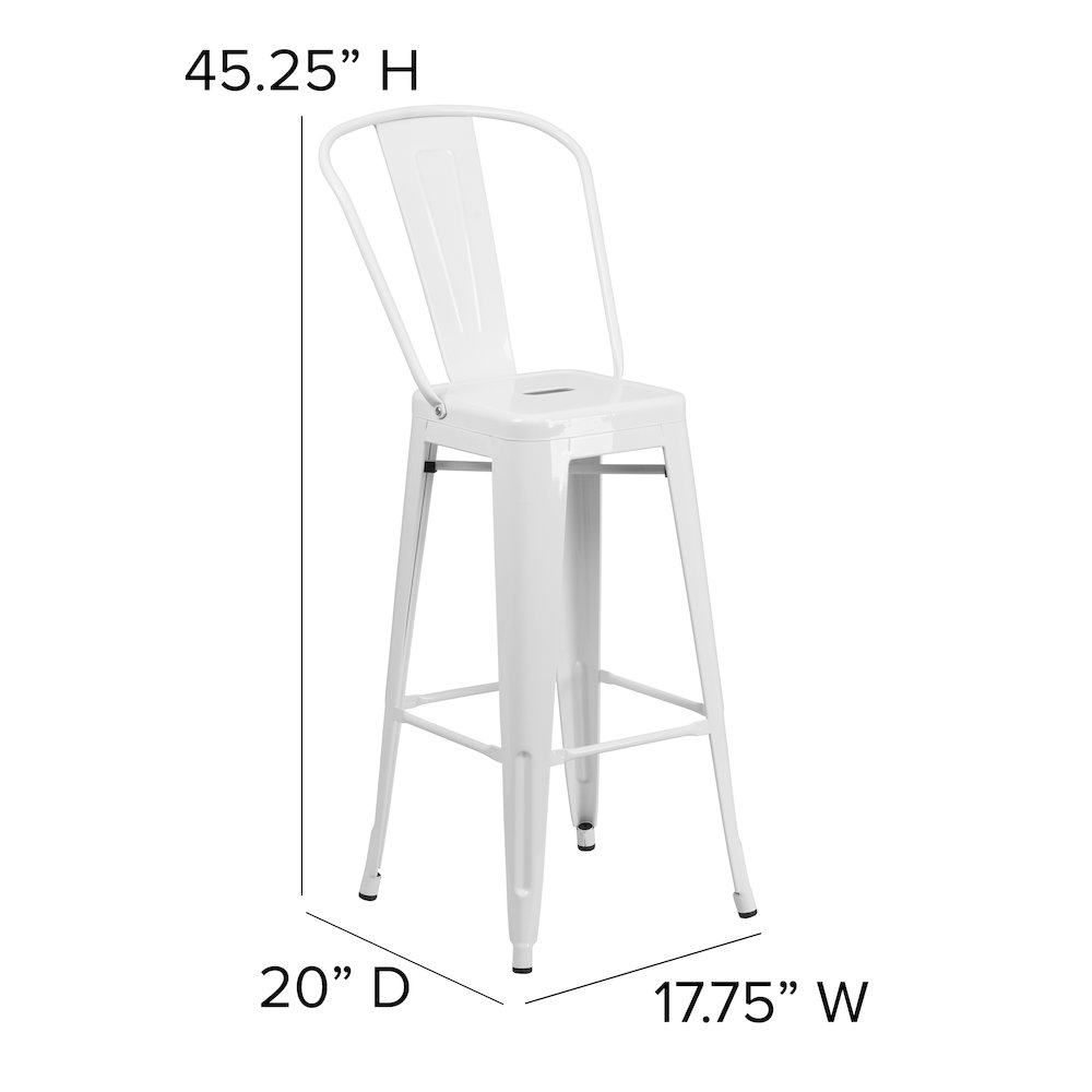30″ High White Metal Bar Height Stool with Gray All-Weather Poly Resin Seat