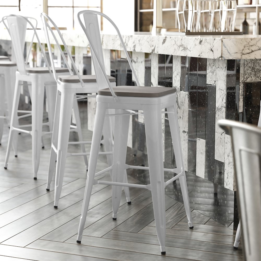 30″ High White Metal Bar Height Stool with Gray All-Weather Poly Resin Seat