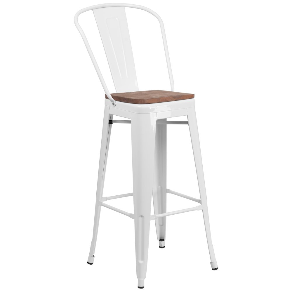 30″ High White Metal Barstool with Back and Wood Seat