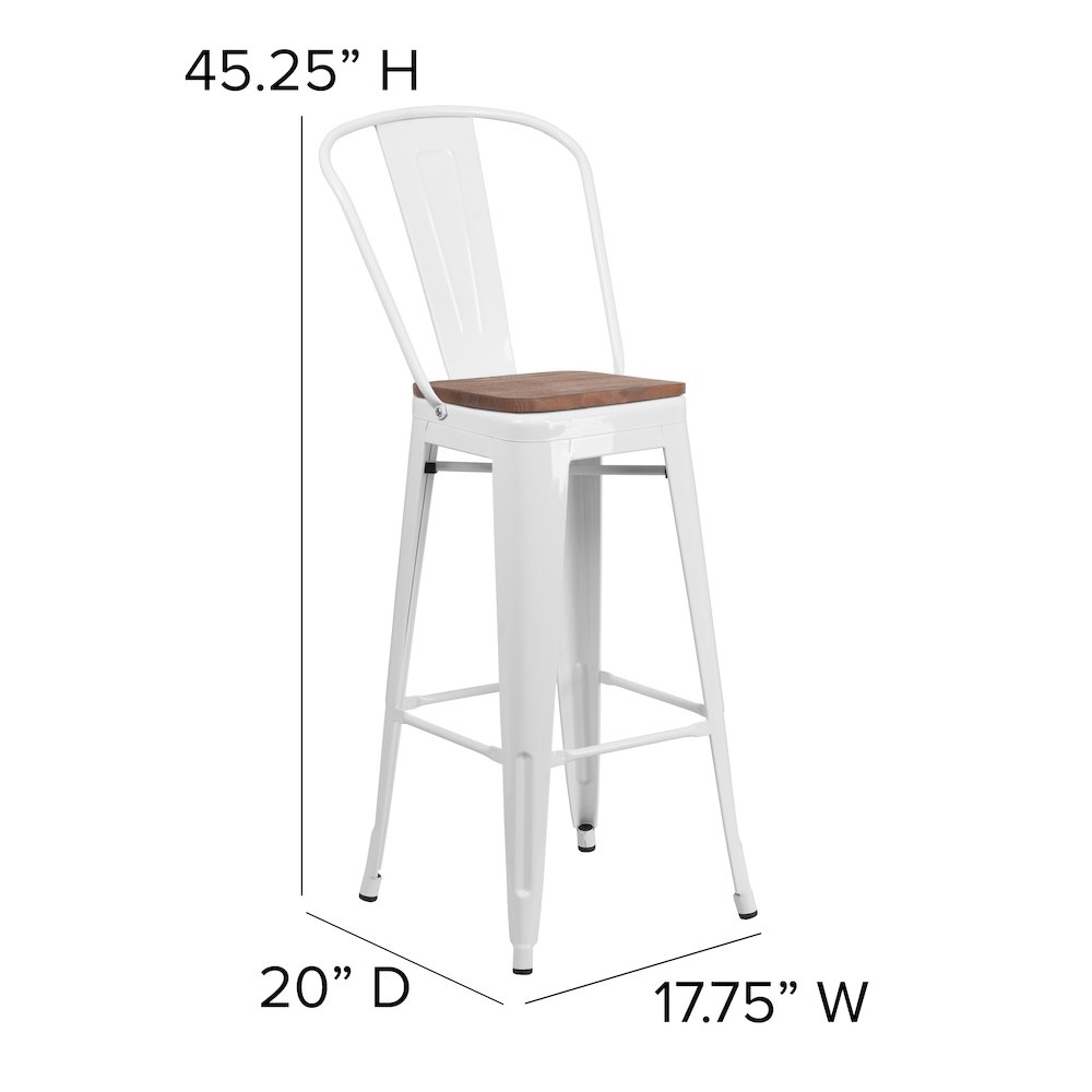 30″ High White Metal Barstool with Back and Wood Seat