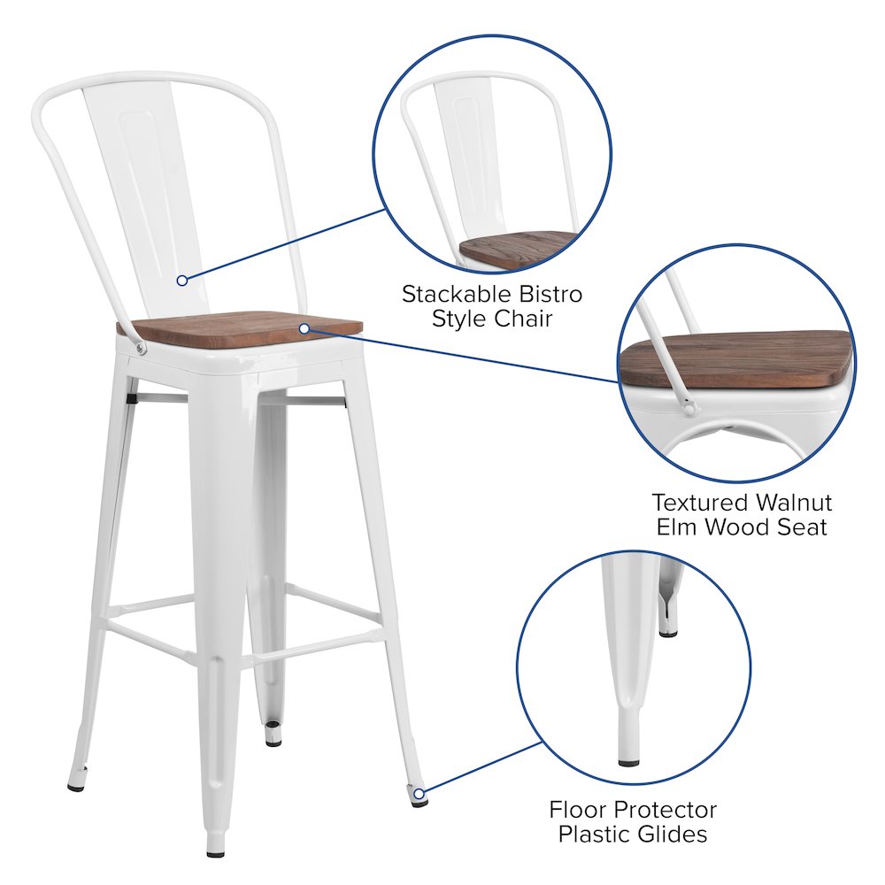 30″ High White Metal Barstool with Back and Wood Seat
