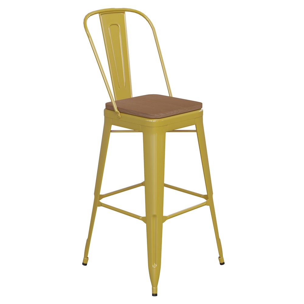 30″ High Yellow Metal Bar Height Stool with Teak All-Weather Poly Resin Seat