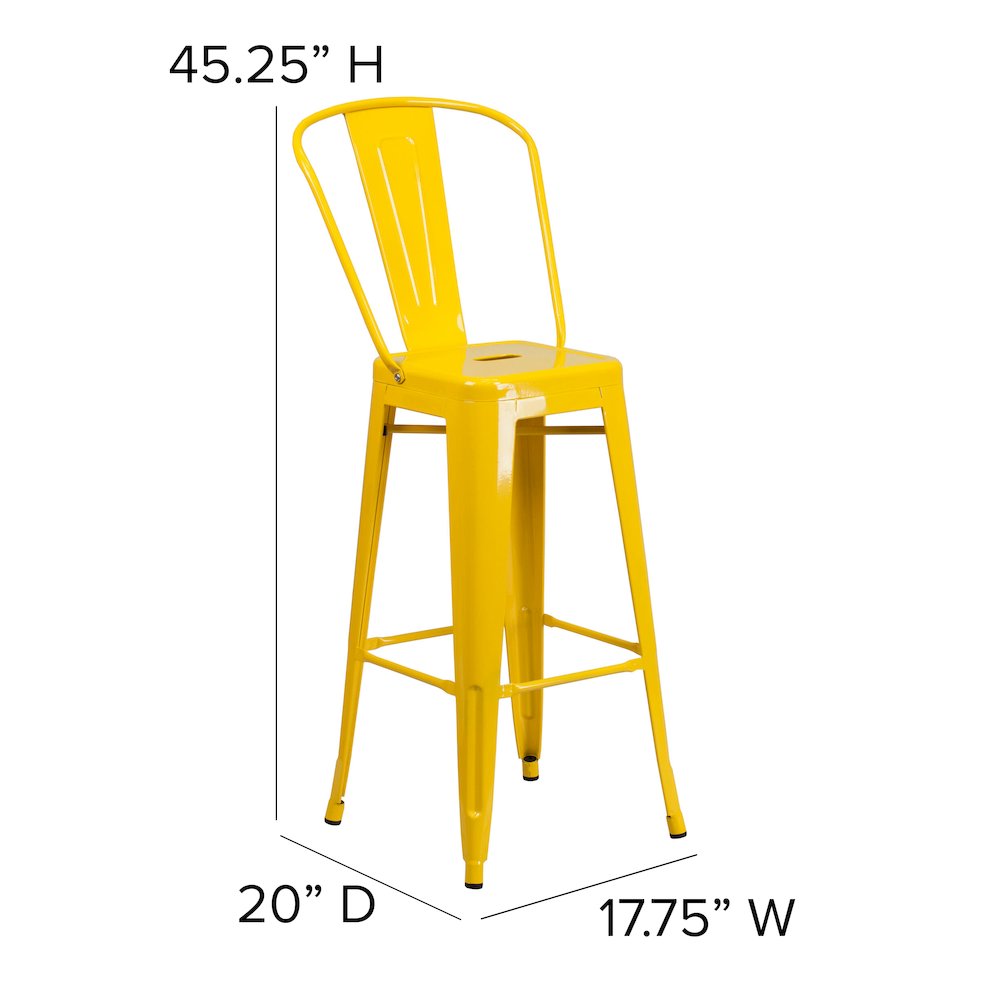 30″ High Yellow Metal Bar Height Stool with Teak All-Weather Poly Resin Seat