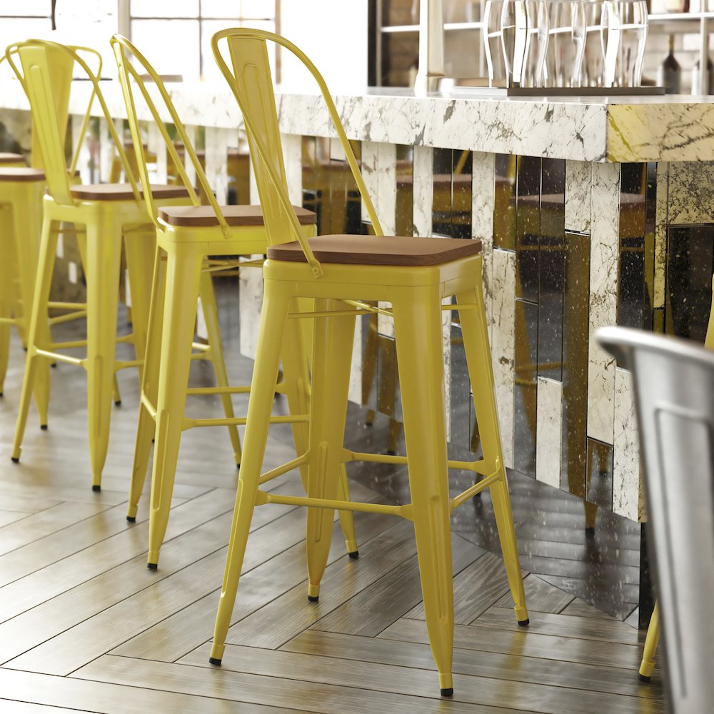 30″ High Yellow Metal Bar Height Stool with Teak All-Weather Poly Resin Seat