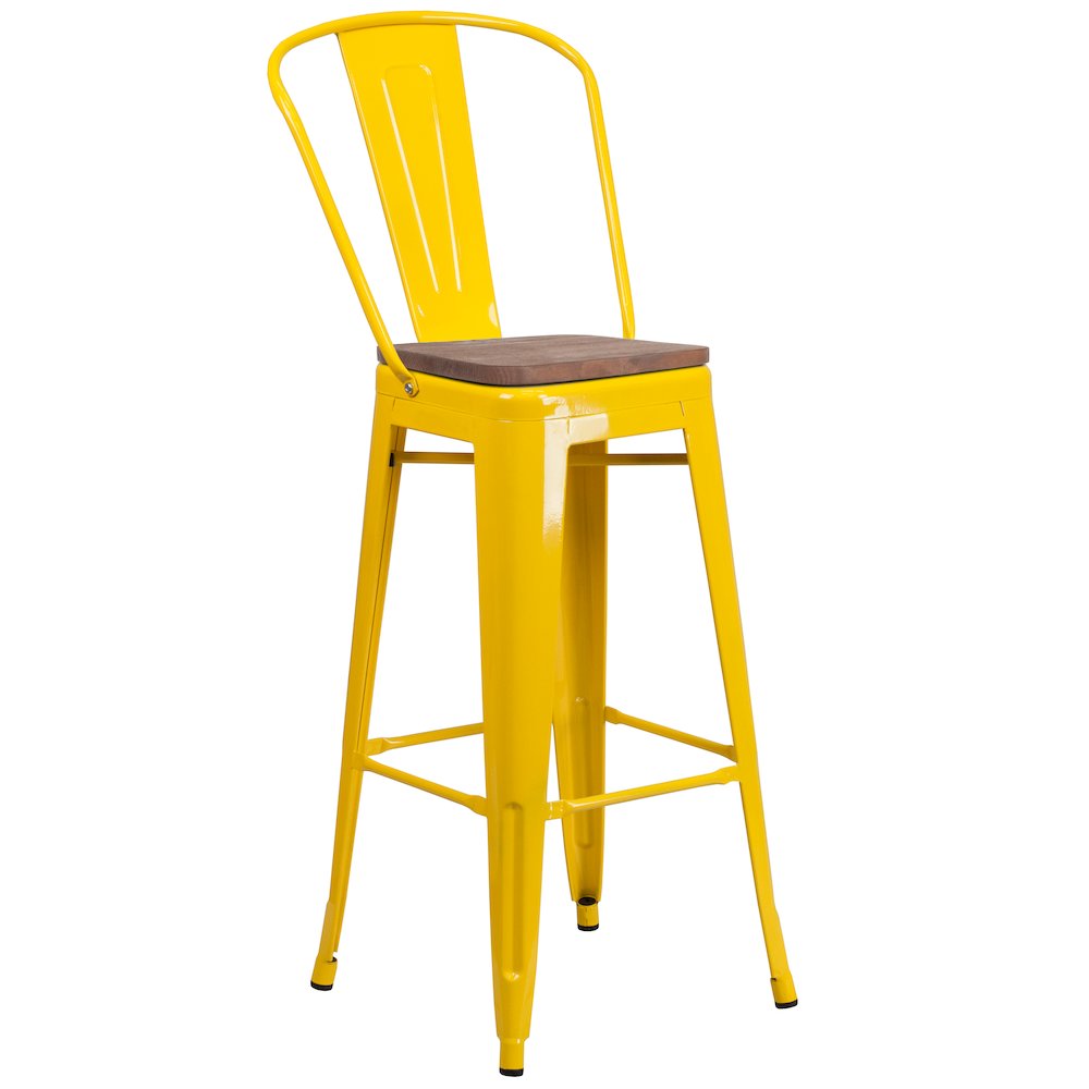 30″ High Yellow Metal Barstool with Back and Wood Seat