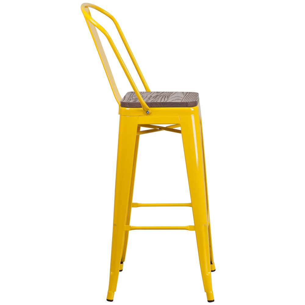 30″ High Yellow Metal Barstool with Back and Wood Seat