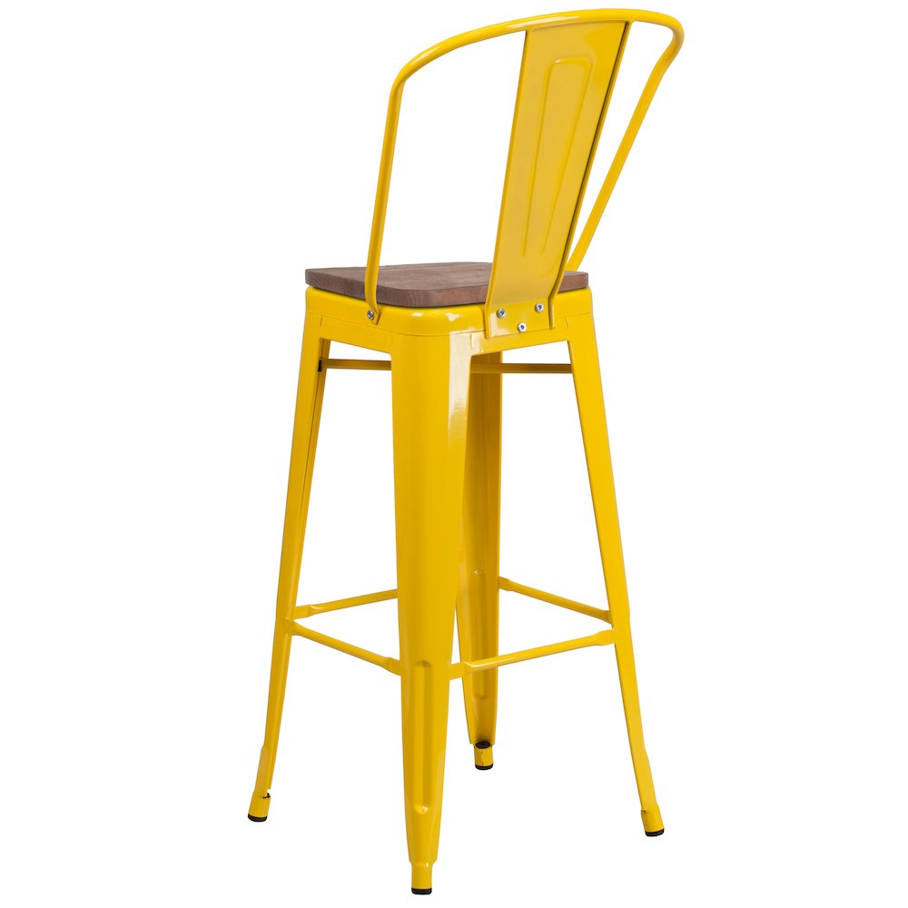 30″ High Yellow Metal Barstool with Back and Wood Seat