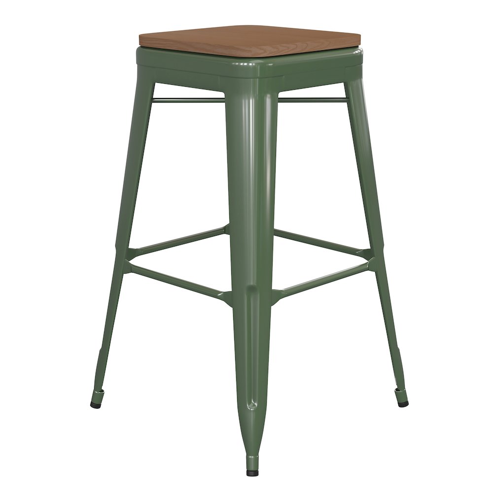 30″ High Green Metal Indoor-Outdoor Barstool with Teak Poly Resin Wood Seat