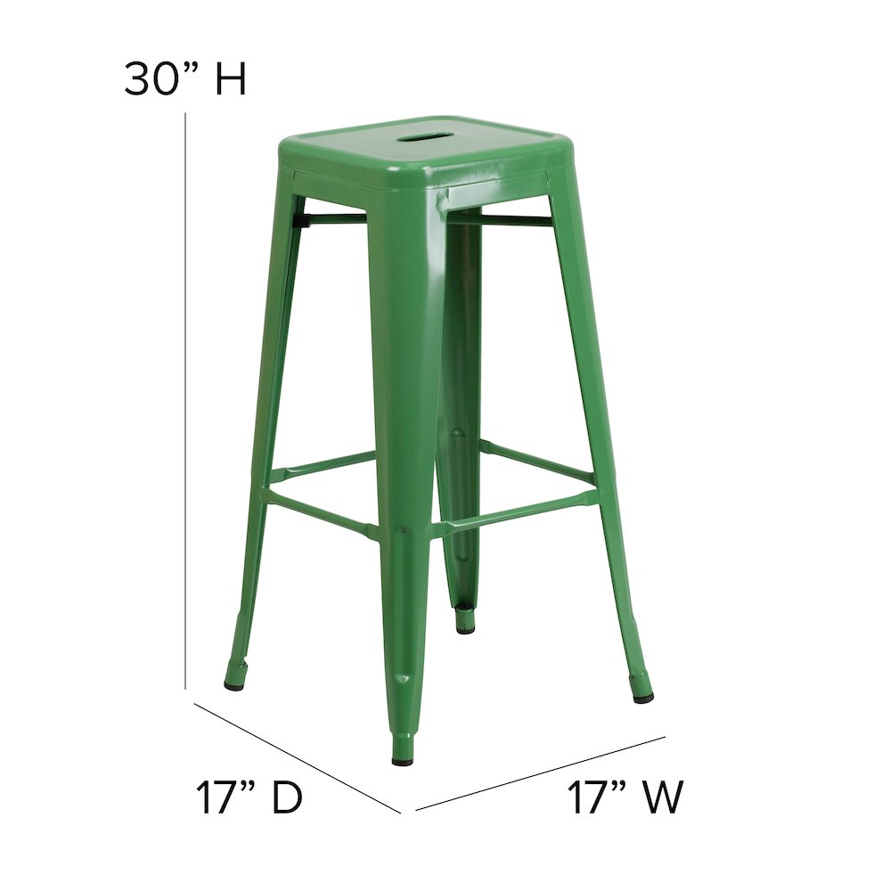 30″ High Green Metal Indoor-Outdoor Barstool with Teak Poly Resin Wood Seat
