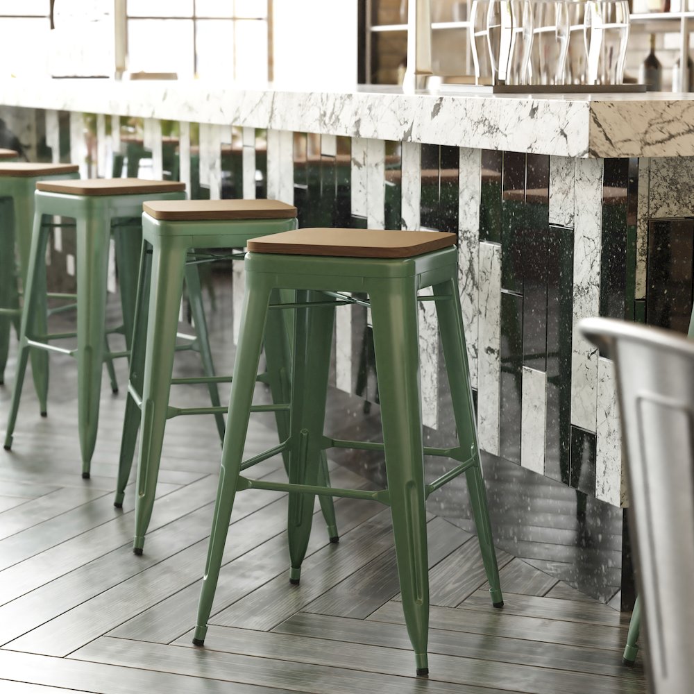 30″ High Green Metal Indoor-Outdoor Barstool with Teak Poly Resin Wood Seat