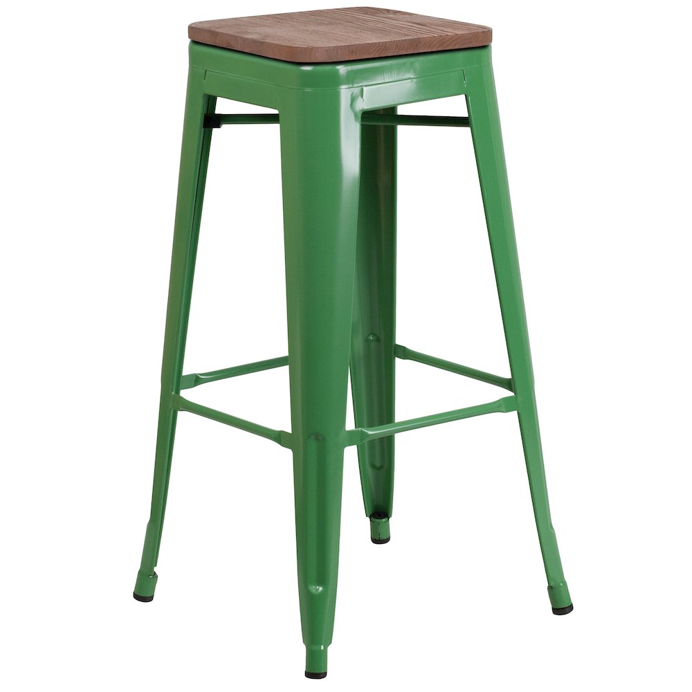 30″ High Backless Green Metal Barstool with Square Wood Seat