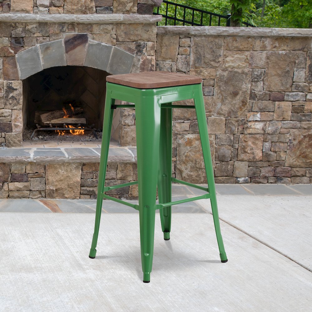 30″ High Backless Green Metal Barstool with Square Wood Seat