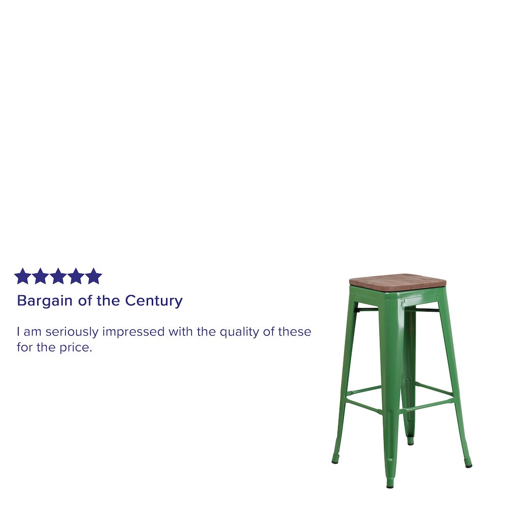 30″ High Backless Green Metal Barstool with Square Wood Seat