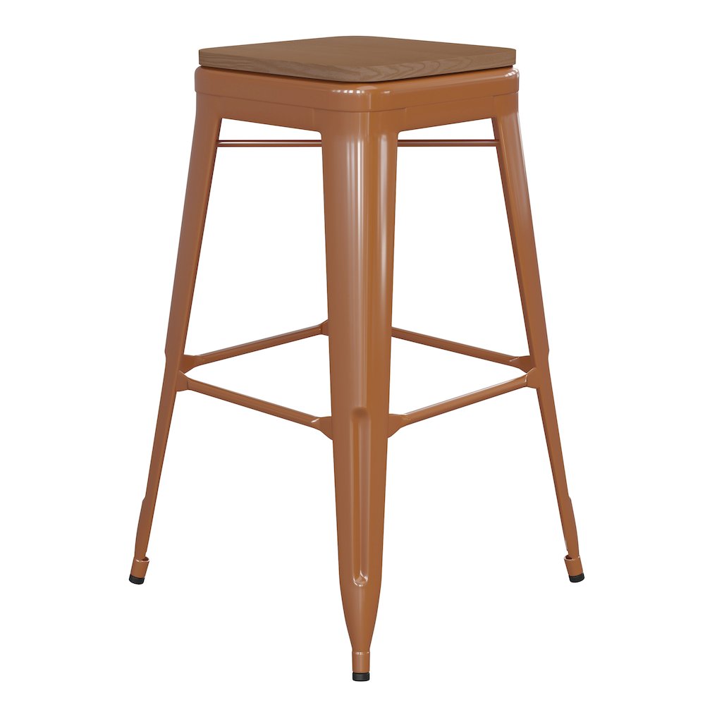 30″ High Orange Metal Indoor-Outdoor Barstool with Teak Poly Resin Wood Seat