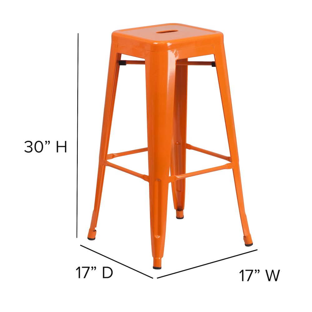 30″ High Orange Metal Indoor-Outdoor Barstool with Teak Poly Resin Wood Seat