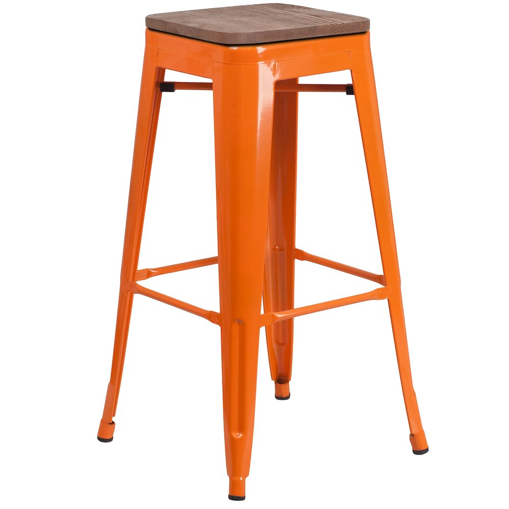 30″ High Backless Orange Metal Barstool with Square Wood Seat