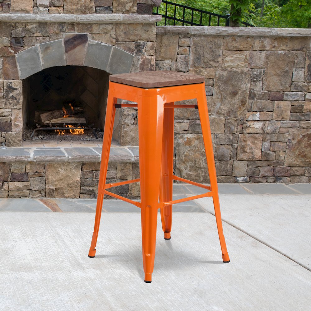 30″ High Backless Orange Metal Barstool with Square Wood Seat