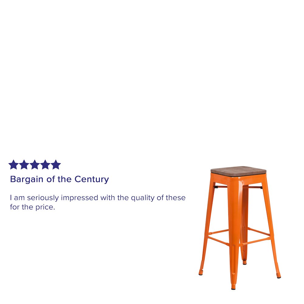 30″ High Backless Orange Metal Barstool with Square Wood Seat