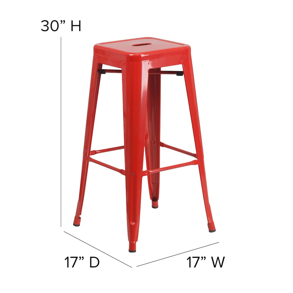 30″ High Red Metal Indoor-Outdoor Barstool with Red Poly Resin Wood Seat