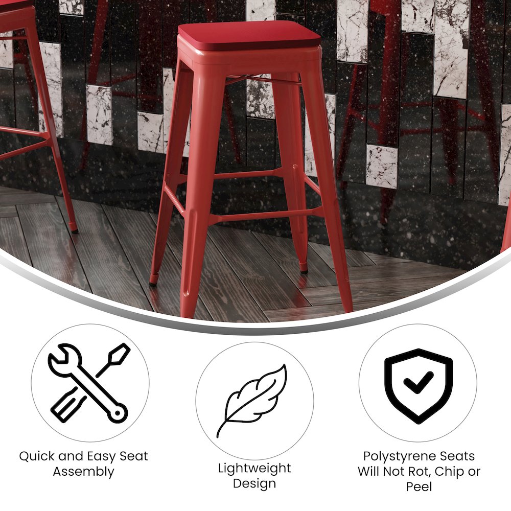 30″ High Red Metal Indoor-Outdoor Barstool with Red Poly Resin Wood Seat