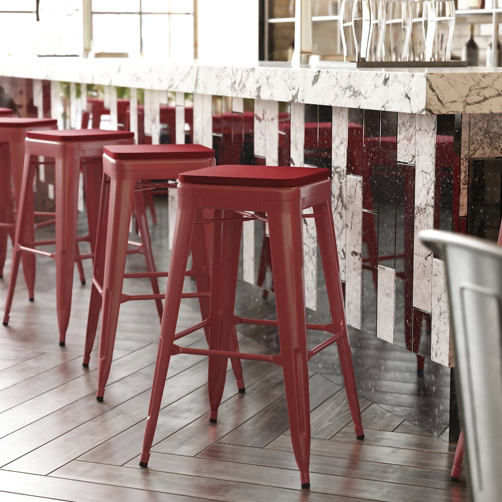 30″ High Red Metal Indoor-Outdoor Barstool with Red Poly Resin Wood Seat