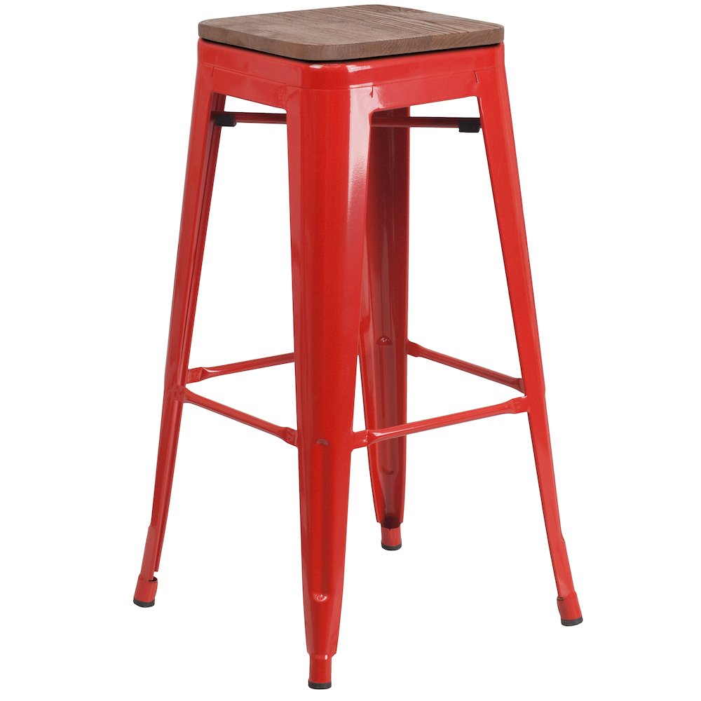 30″ High Backless Red Metal Barstool with Square Wood Seat