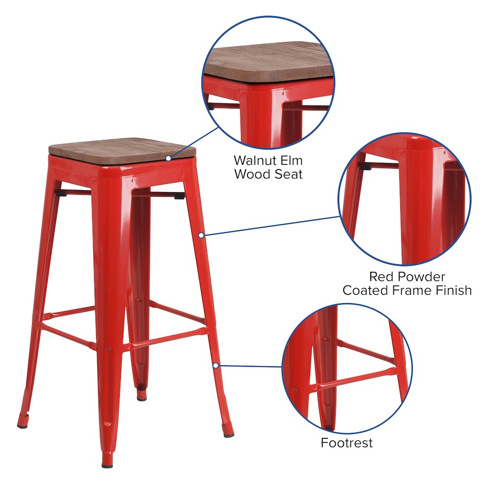 30″ High Backless Red Metal Barstool with Square Wood Seat