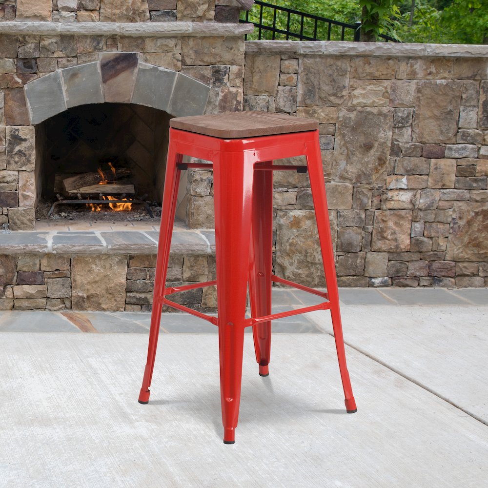 30″ High Backless Red Metal Barstool with Square Wood Seat