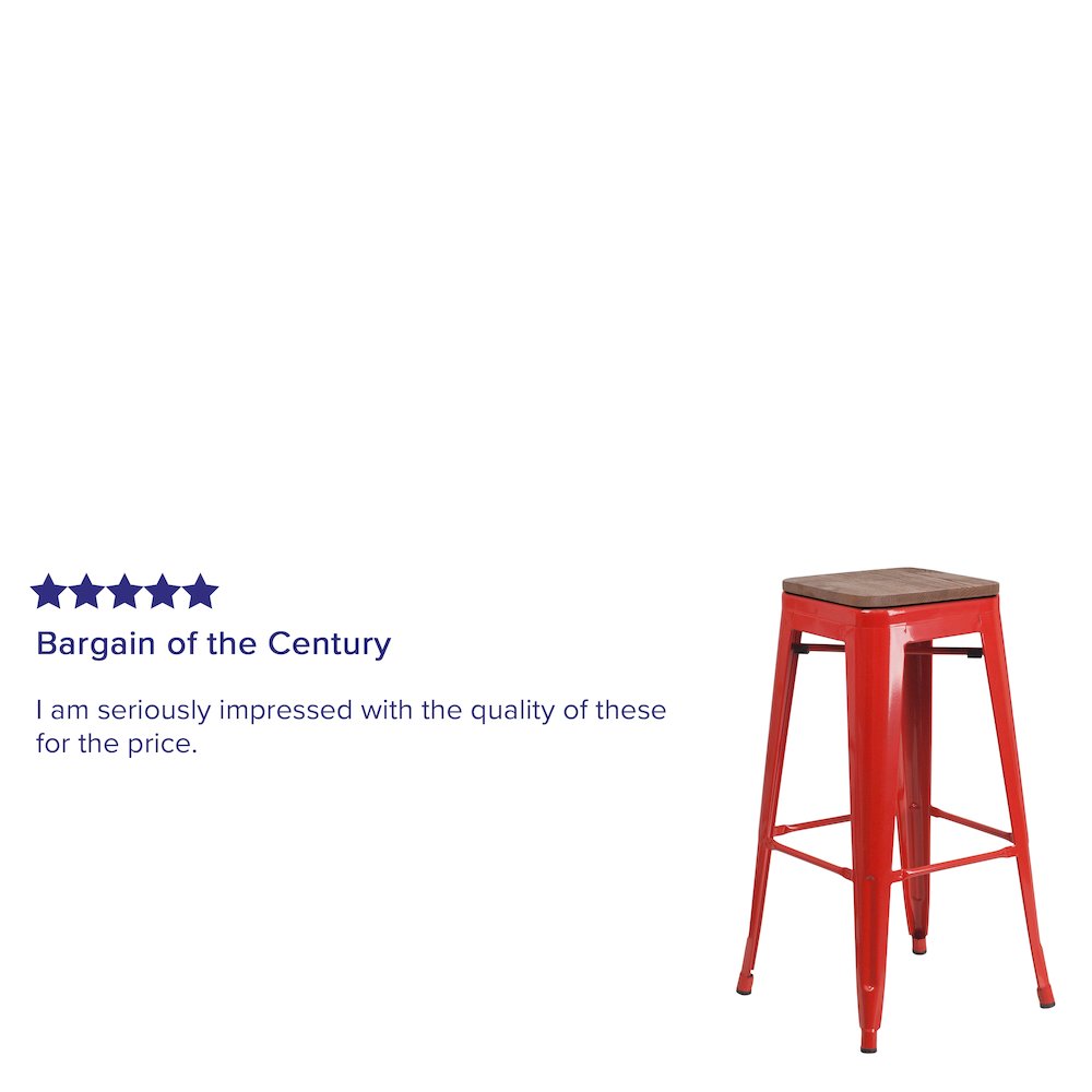 30″ High Backless Red Metal Barstool with Square Wood Seat