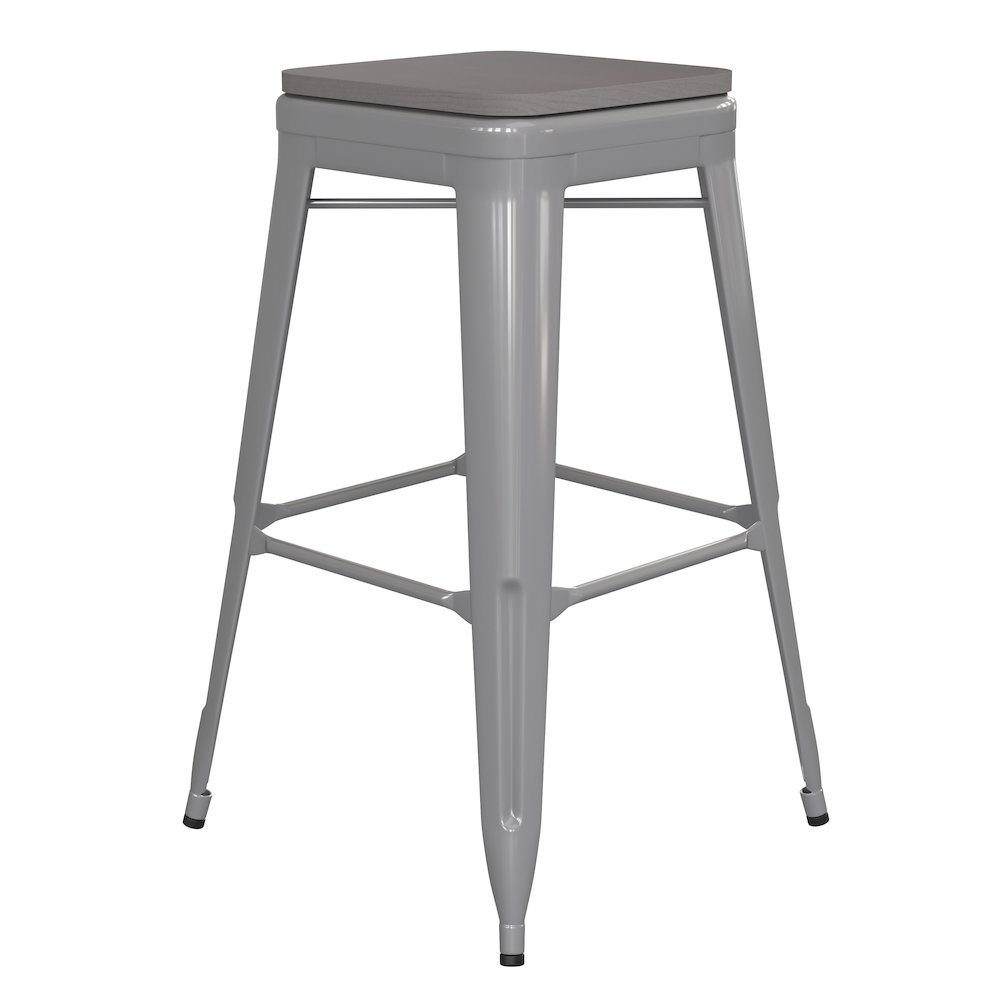 30″ High Silver Metal Indoor-Outdoor Barstool with Gray Poly Resin Wood Seat