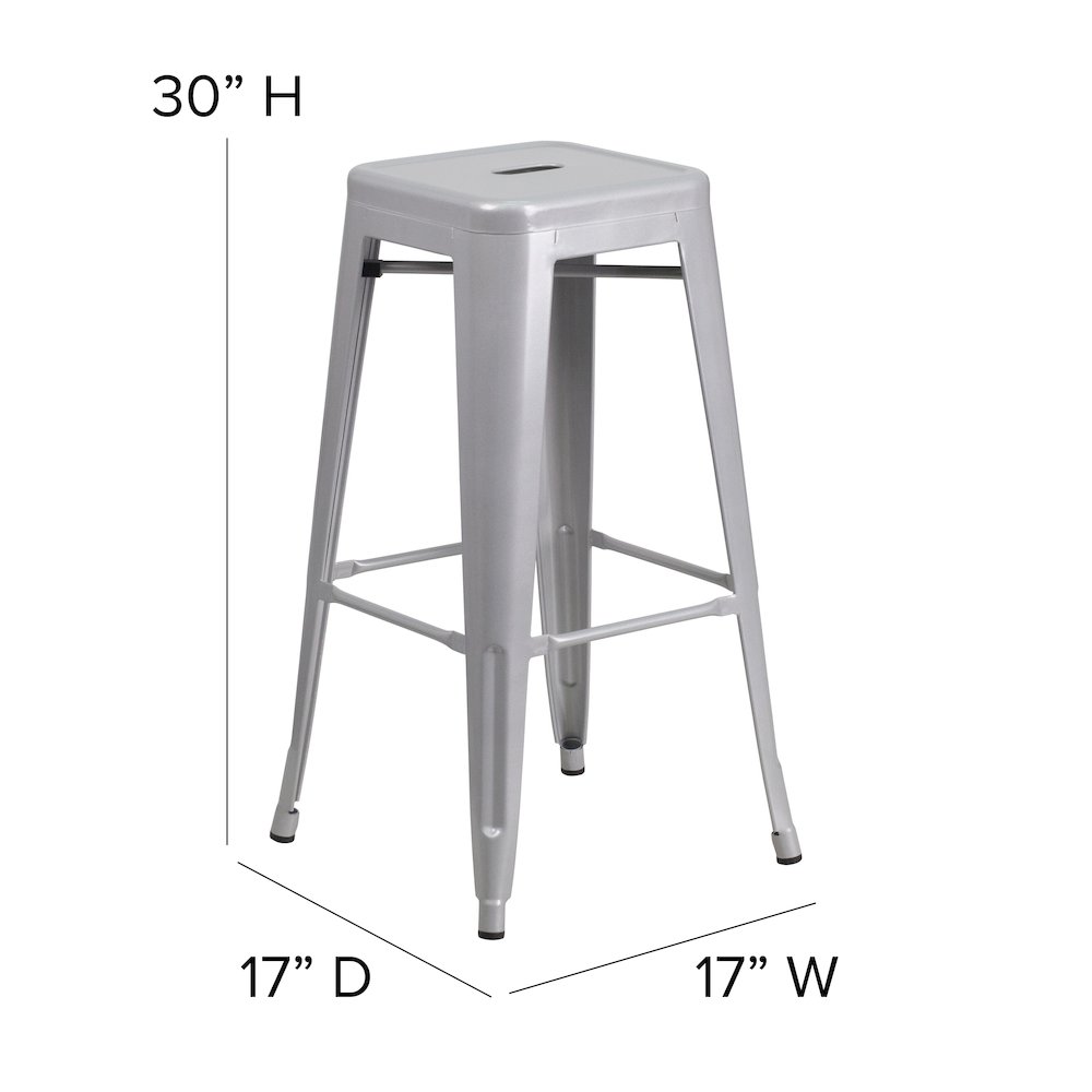 30″ High Silver Metal Indoor-Outdoor Barstool with Gray Poly Resin Wood Seat