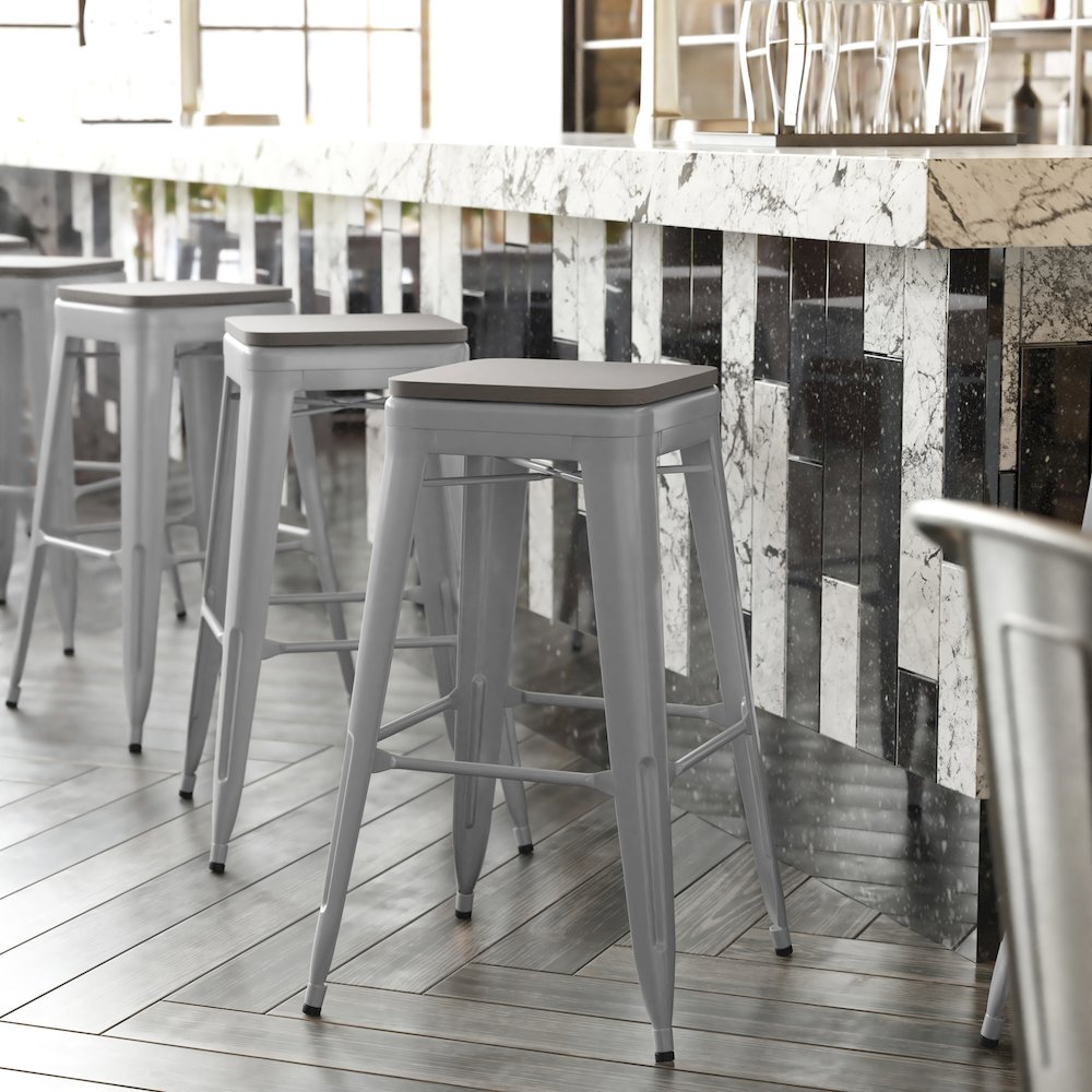 30″ High Silver Metal Indoor-Outdoor Barstool with Gray Poly Resin Wood Seat