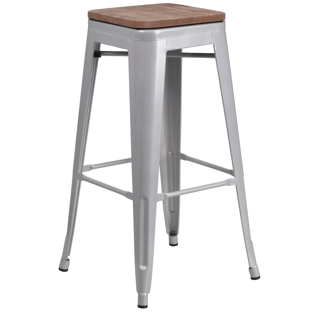 30″ High Backless Silver Metal Barstool with Square Wood Seat