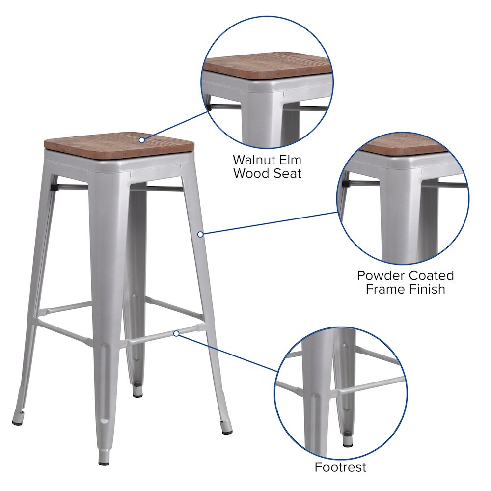 30″ High Backless Silver Metal Barstool with Square Wood Seat