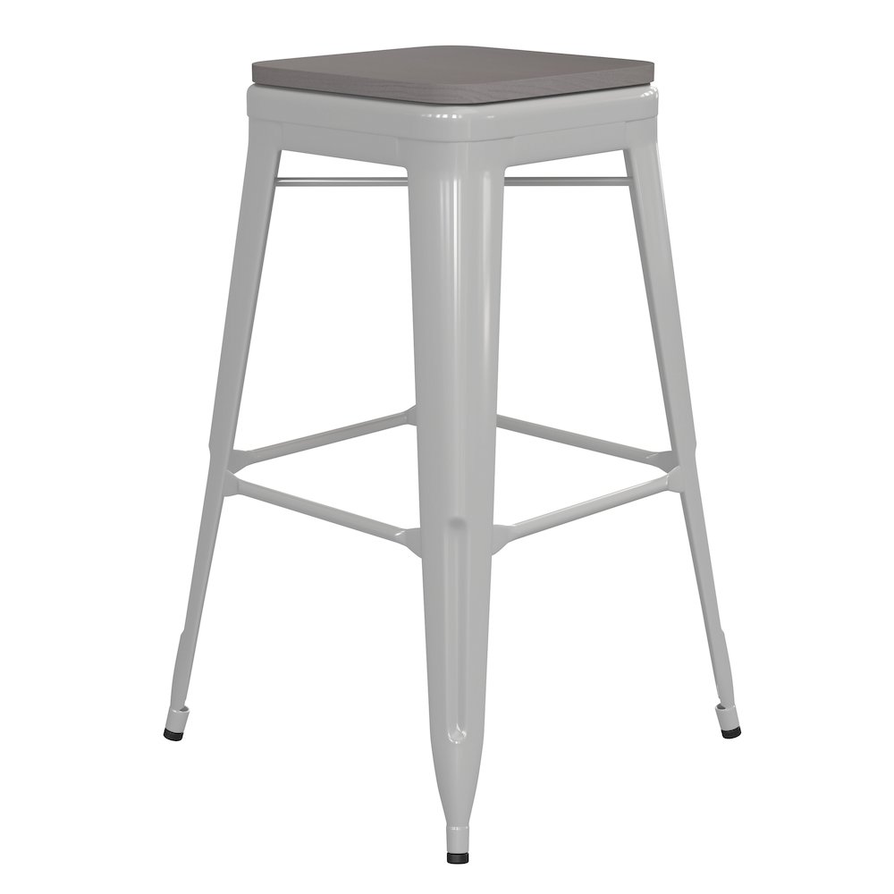 30″ High White Metal Indoor-Outdoor Barstool with Gray Poly Resin Wood Seat